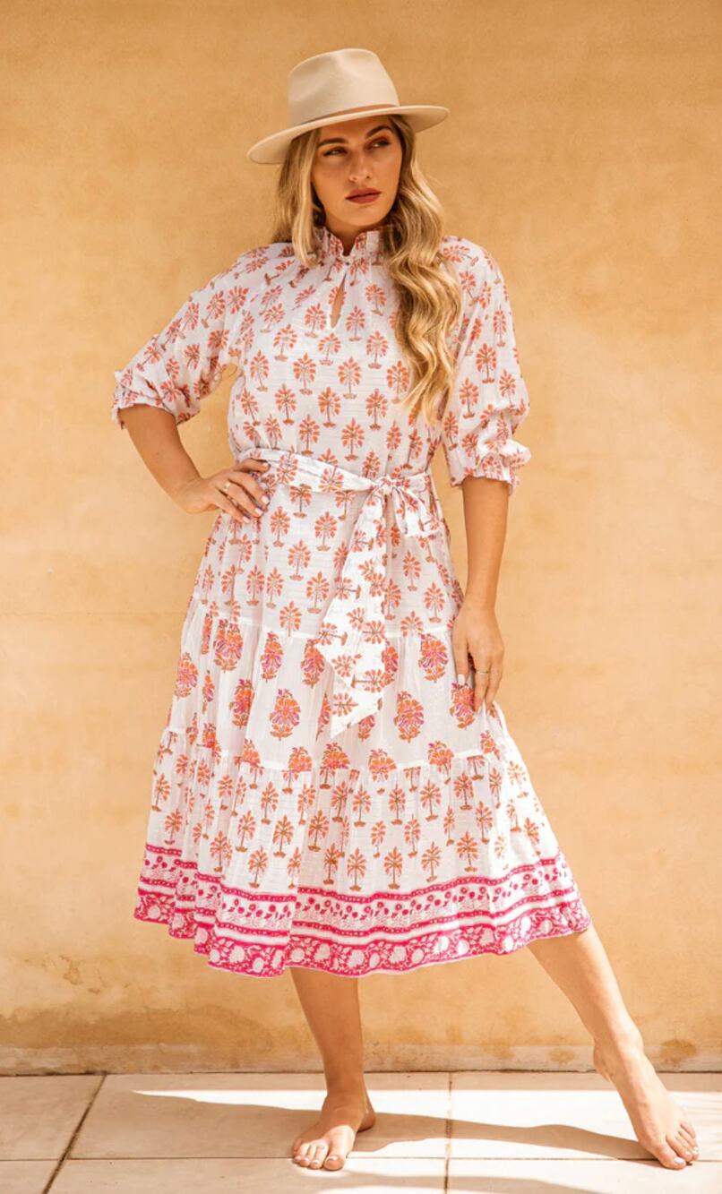 Azure & Indigo Byron Midi Tie Waist Dress Boho Block Print Orange Anthropologie